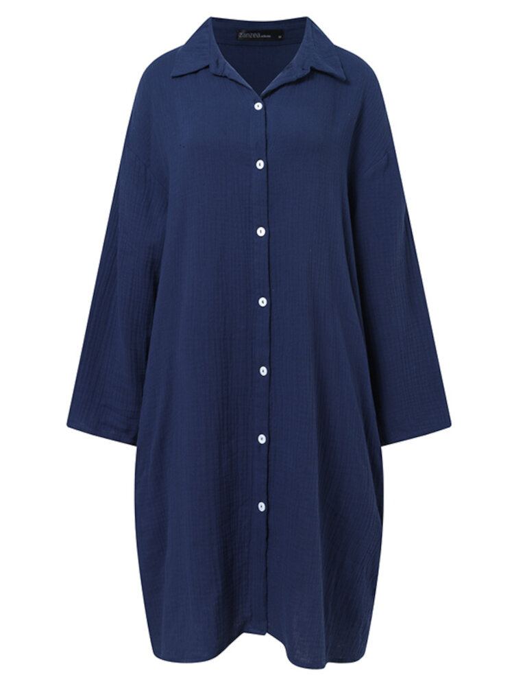 Dames 100% Katoenen Zijzakken Shirt Effen Knopen Revers Midi-jurken