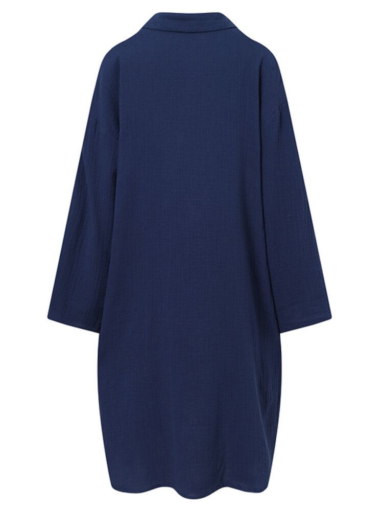 Dames 100% Katoenen Zijzakken Shirt Effen Knopen Revers Midi-jurken
