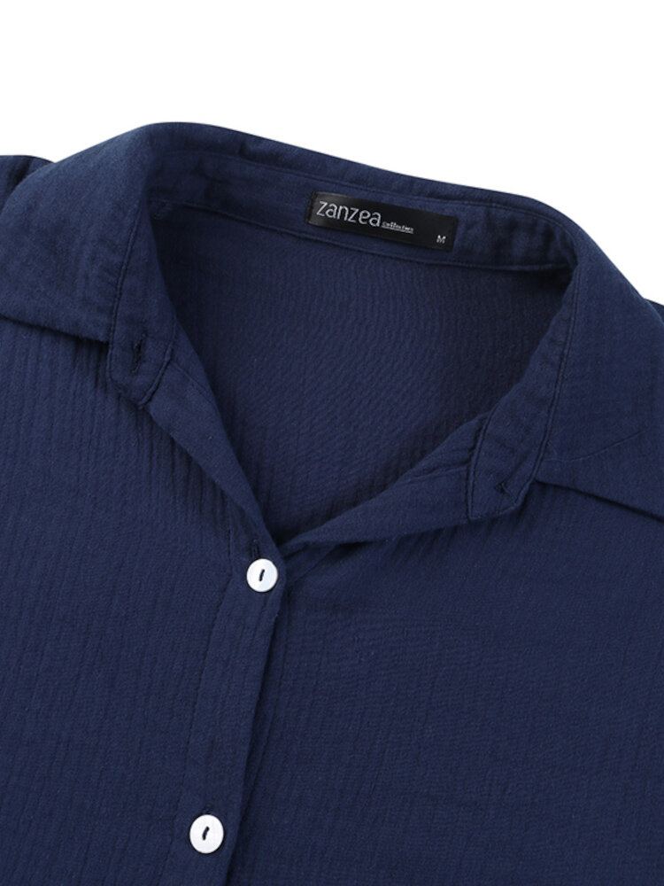 Dames 100% Katoenen Zijzakken Shirt Effen Knopen Revers Midi-jurken