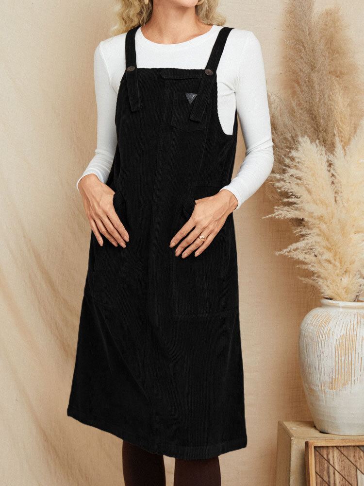 Dames Corduroy Vintage Solid Pocket Mouwloze Midi-jurk Met Knoopriem