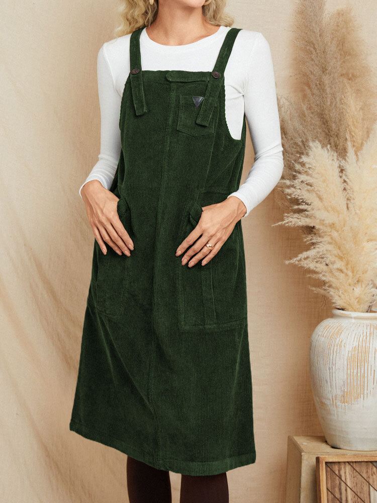 Dames Corduroy Vintage Solid Pocket Mouwloze Midi-jurk Met Knoopriem