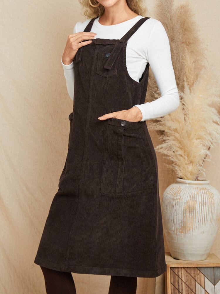 Dames Corduroy Vintage Solid Pocket Mouwloze Midi-jurk Met Knoopriem