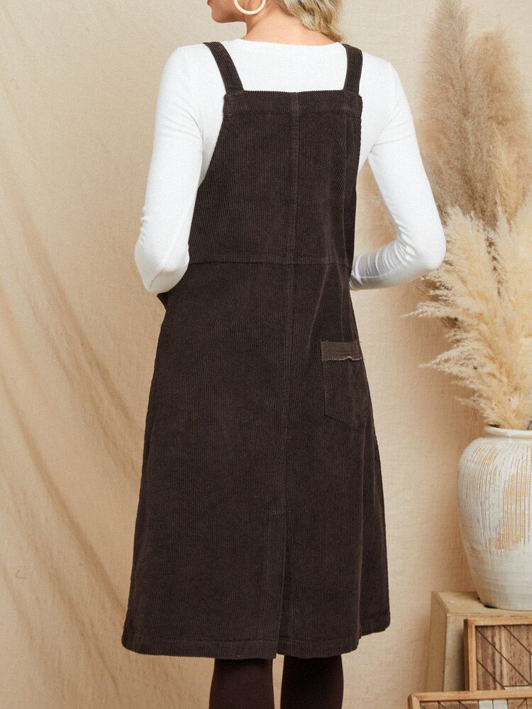 Dames Corduroy Vintage Solid Pocket Mouwloze Midi-jurk Met Knoopriem
