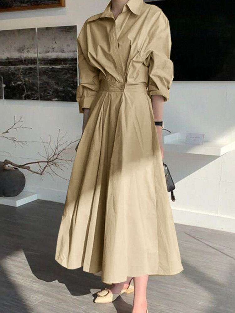 Dames Effen Kleur Fitting Geplooide Gesplitste Knopen Volledige Mouw Kuitlengte Midi Jurken