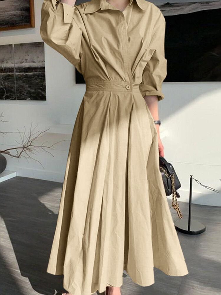 Dames Effen Kleur Fitting Geplooide Gesplitste Knopen Volledige Mouw Kuitlengte Midi Jurken