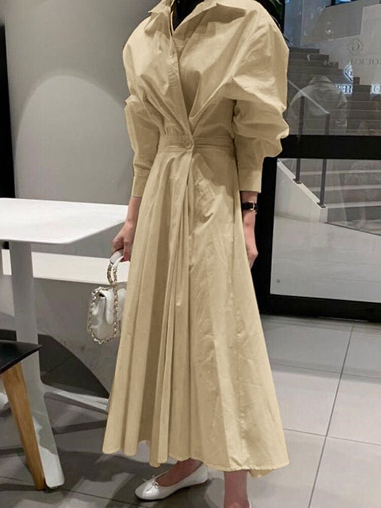 Dames Effen Kleur Fitting Geplooide Gesplitste Knopen Volledige Mouw Kuitlengte Midi Jurken