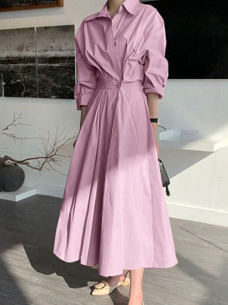 Dames Effen Kleur Fitting Geplooide Gesplitste Knopen Volledige Mouw Kuitlengte Midi Jurken