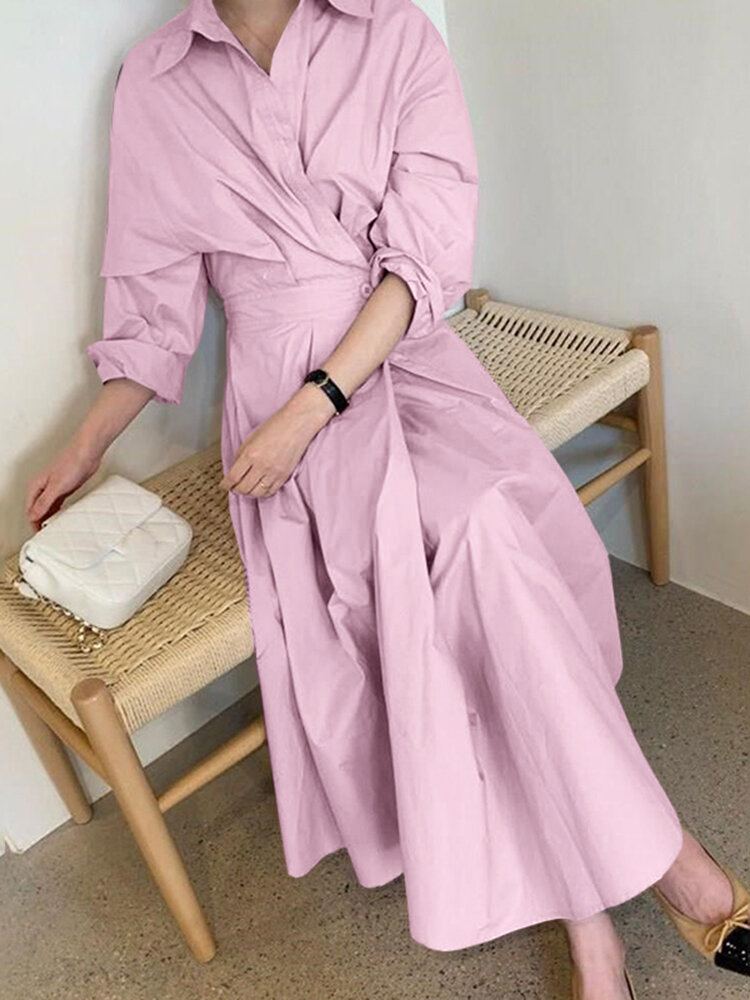 Dames Effen Kleur Fitting Geplooide Gesplitste Knopen Volledige Mouw Kuitlengte Midi Jurken