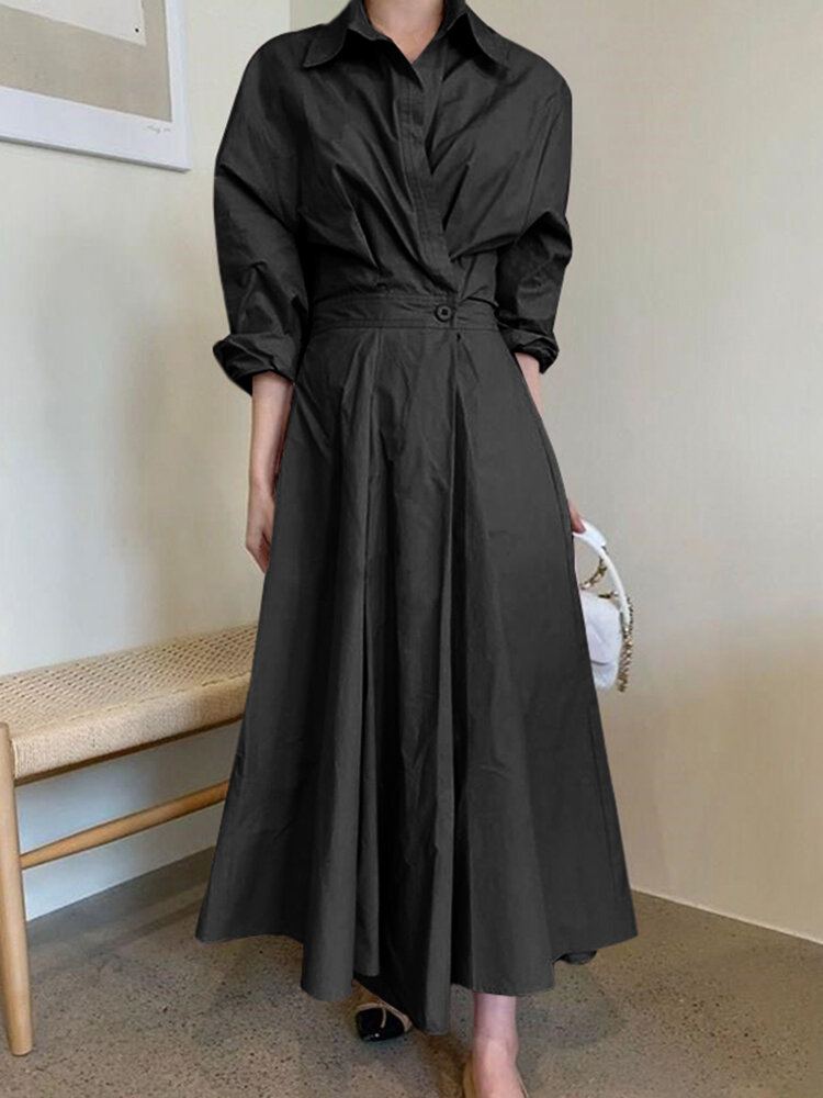 Dames Effen Kleur Fitting Geplooide Gesplitste Knopen Volledige Mouw Kuitlengte Midi Jurken