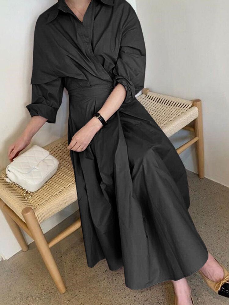 Dames Effen Kleur Fitting Geplooide Gesplitste Knopen Volledige Mouw Kuitlengte Midi Jurken