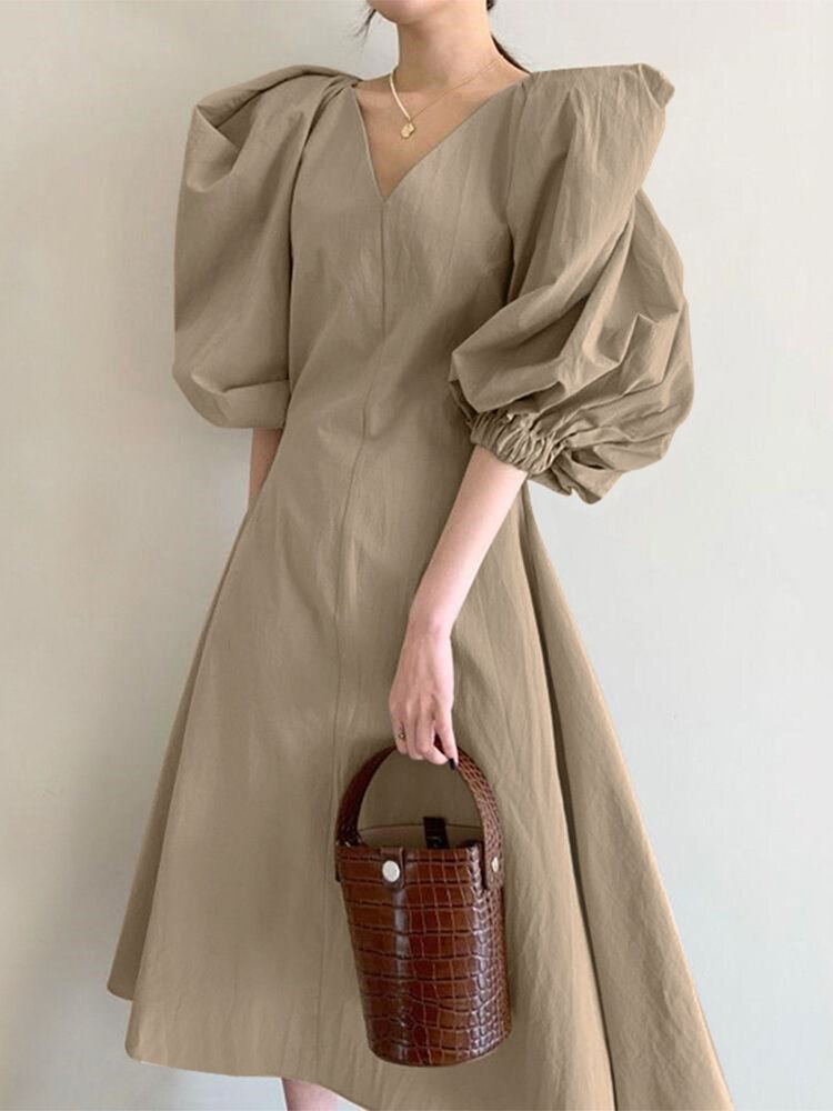 Dames Puff Mouw 100% Katoen V-hals Effen Kleur Elastische Manchet Pleats Midi Jurken