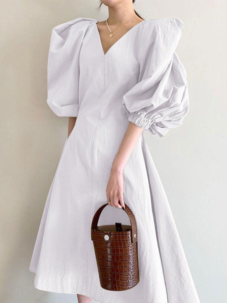 Dames Puff Mouw 100% Katoen V-hals Effen Kleur Elastische Manchet Pleats Midi Jurken