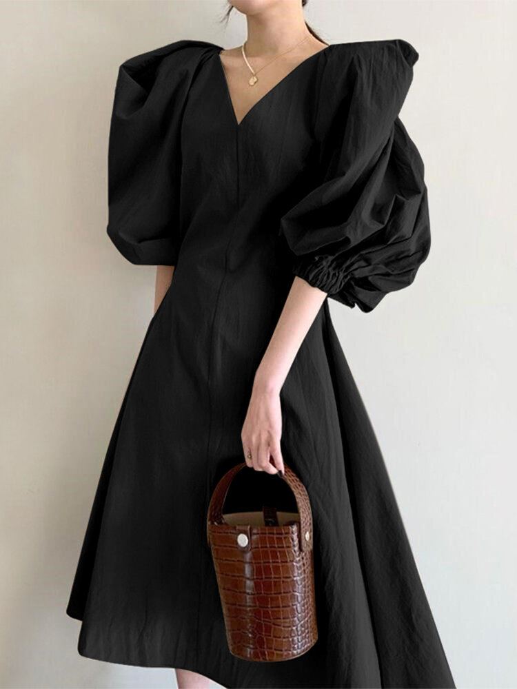 Dames Puff Mouw 100% Katoen V-hals Effen Kleur Elastische Manchet Pleats Midi Jurken
