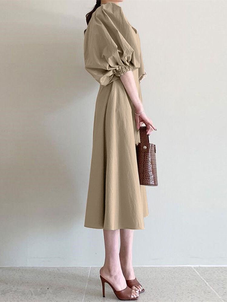 Dames Puff Mouw 100% Katoen V-hals Effen Kleur Elastische Manchet Pleats Midi Jurken