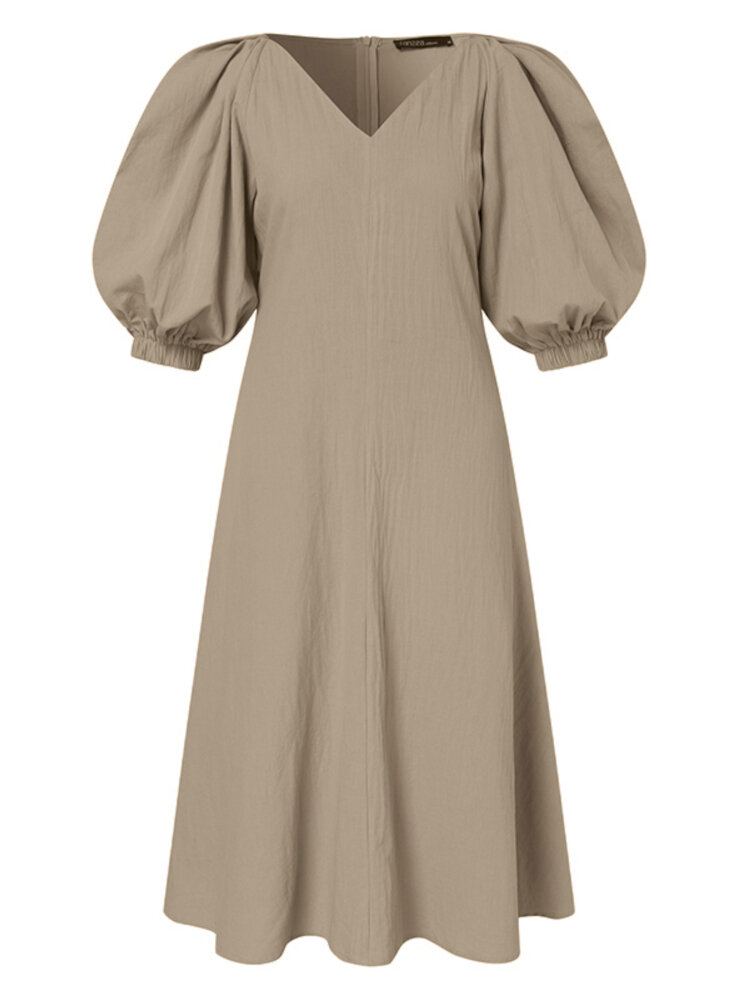 Dames Puff Mouw 100% Katoen V-hals Effen Kleur Elastische Manchet Pleats Midi Jurken