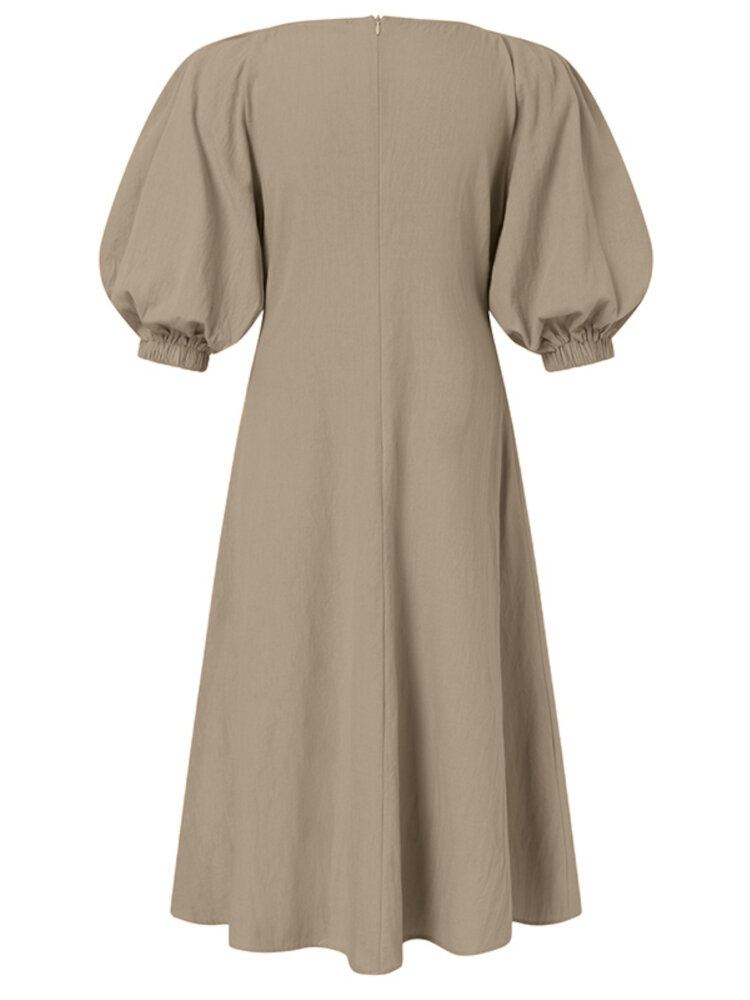 Dames Puff Mouw 100% Katoen V-hals Effen Kleur Elastische Manchet Pleats Midi Jurken