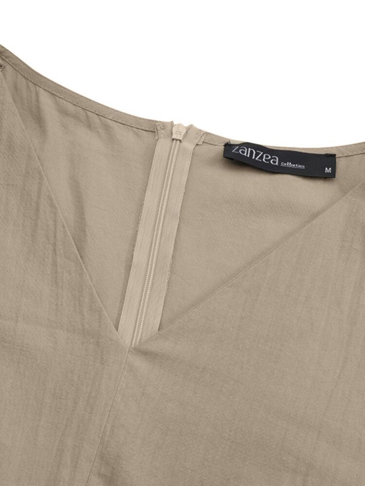 Dames Puff Mouw 100% Katoen V-hals Effen Kleur Elastische Manchet Pleats Midi Jurken