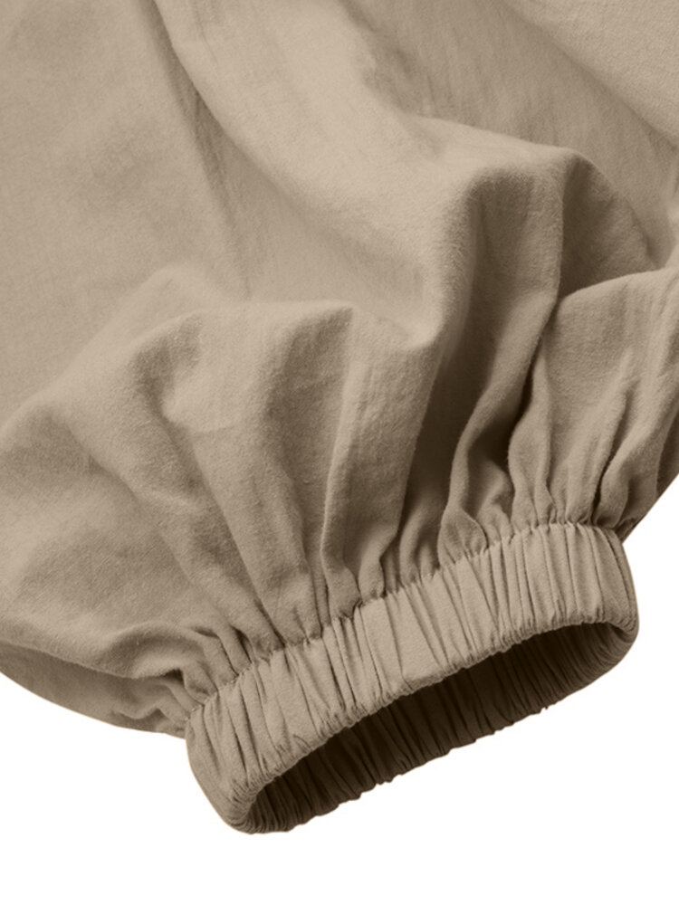 Dames Puff Mouw 100% Katoen V-hals Effen Kleur Elastische Manchet Pleats Midi Jurken