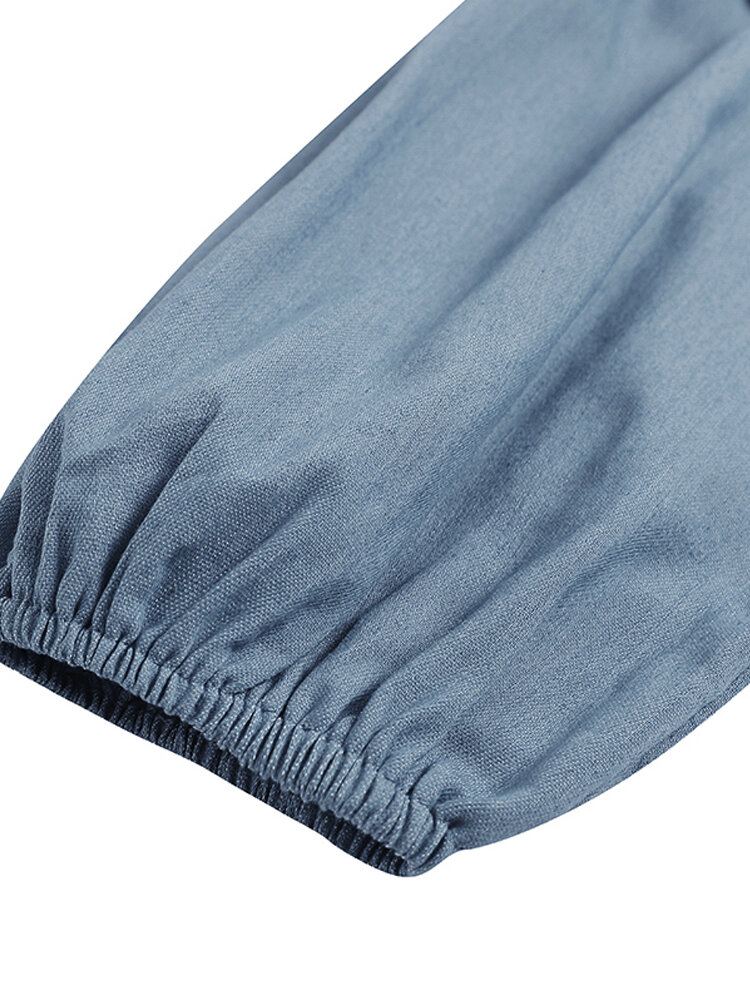 Dames Puff Mouwen Geplooide Effen Kleur Opstaande Kraag Terug Rits Kuitlengte Midi Jurken