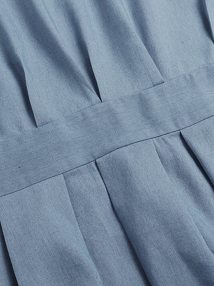 Dames Puff Mouwen Geplooide Effen Kleur Opstaande Kraag Terug Rits Kuitlengte Midi Jurken