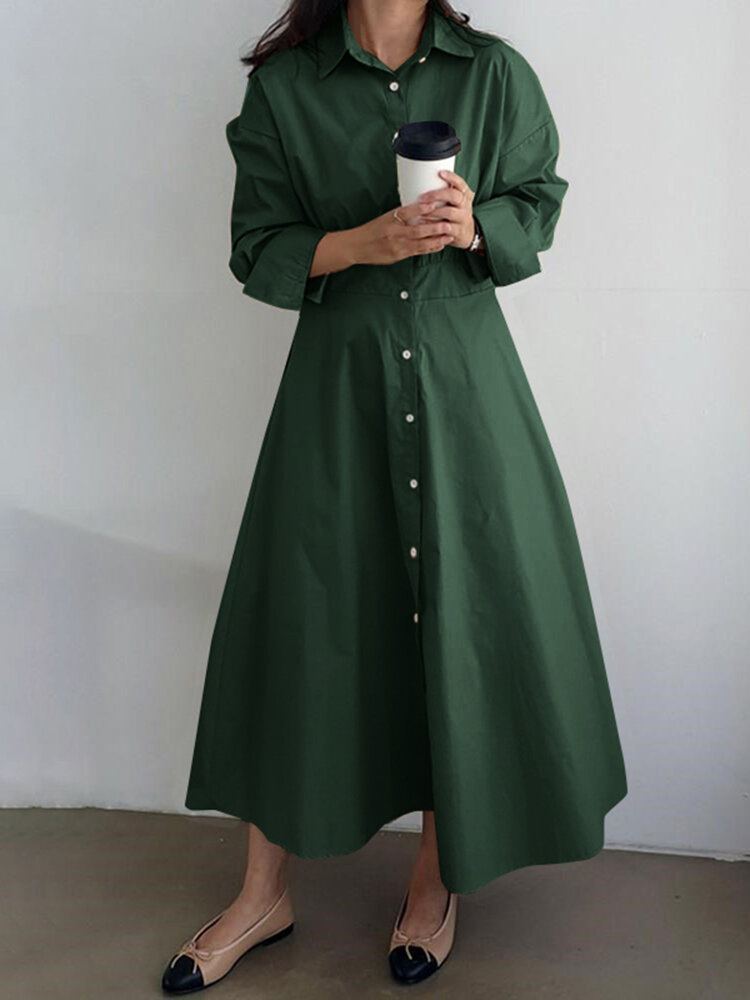 Dames Puff Mouwen Geplooide Effen Kleur Reverskraag Knopen Enkellange Midi Jurken
