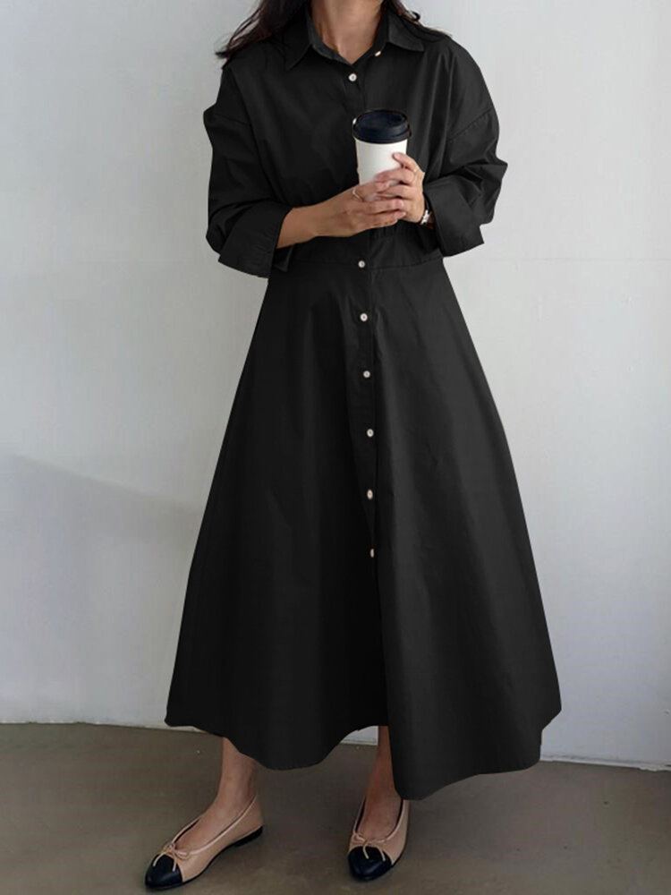 Dames Puff Mouwen Geplooide Effen Kleur Reverskraag Knopen Enkellange Midi Jurken