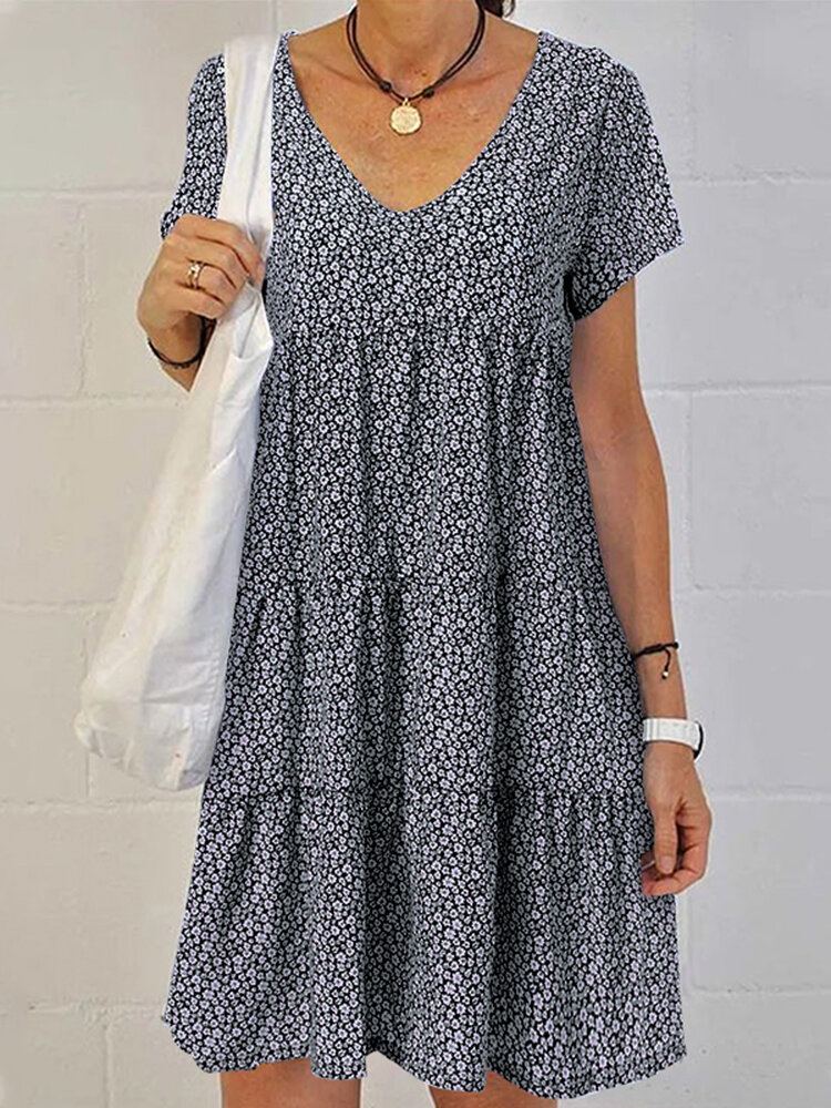 Dames Retro V-hals Bloemen Vakantie Korte Mouwen Gelaagde Casual Midi Jurk