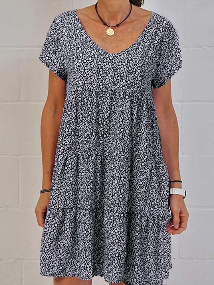Dames Retro V-hals Bloemen Vakantie Korte Mouwen Gelaagde Casual Midi Jurk