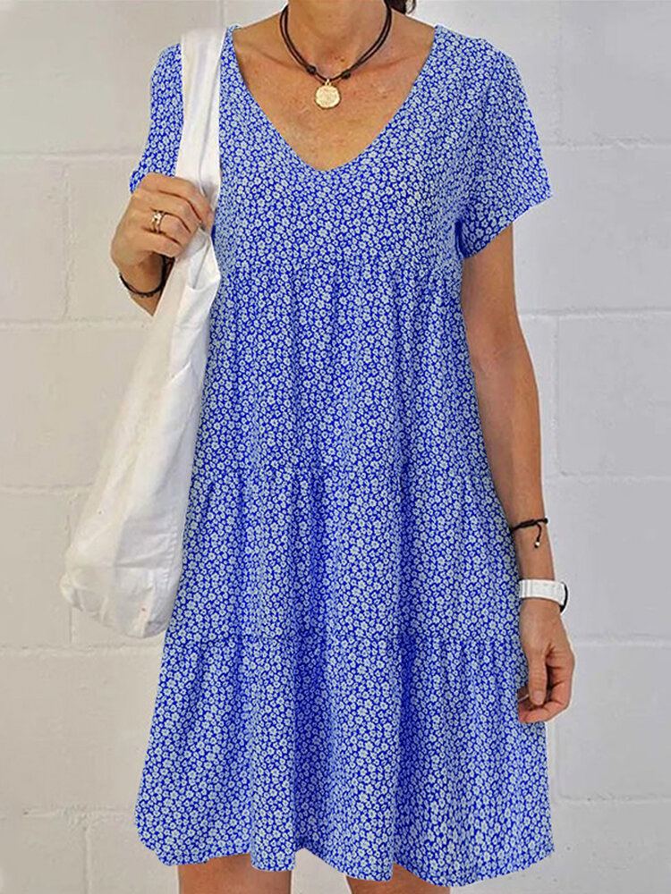 Dames Retro V-hals Bloemen Vakantie Korte Mouwen Gelaagde Casual Midi Jurk
