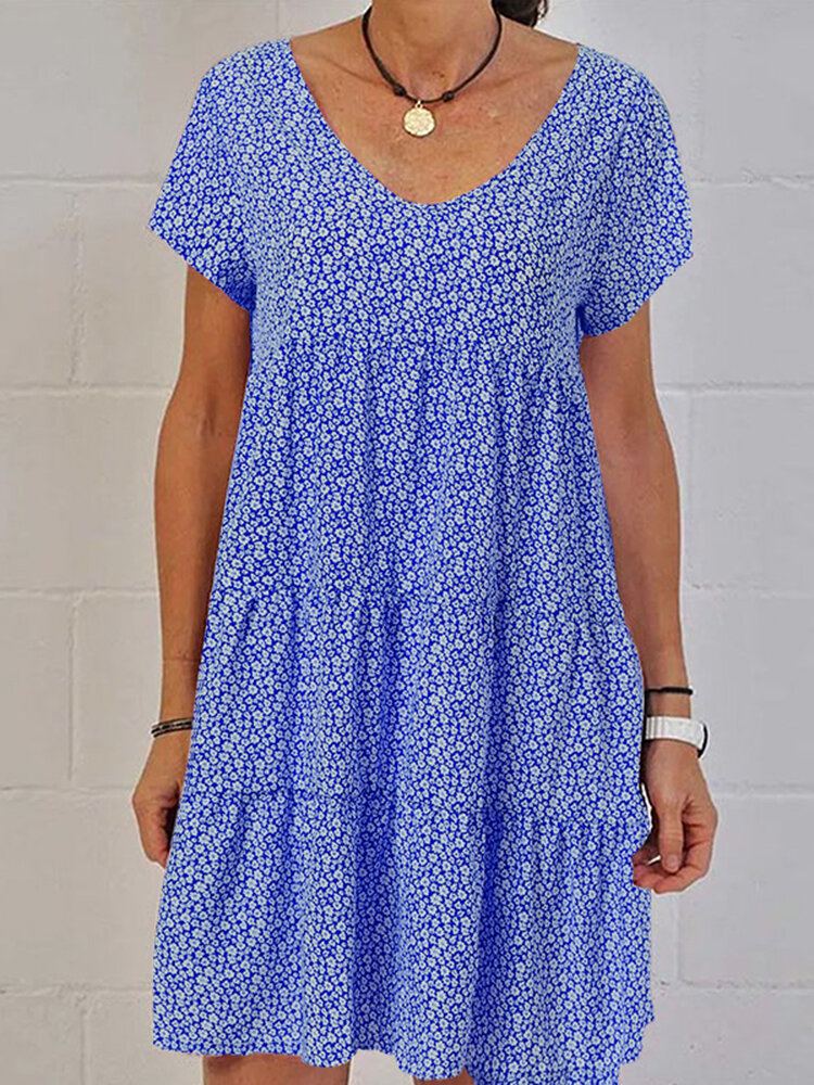 Dames Retro V-hals Bloemen Vakantie Korte Mouwen Gelaagde Casual Midi Jurk