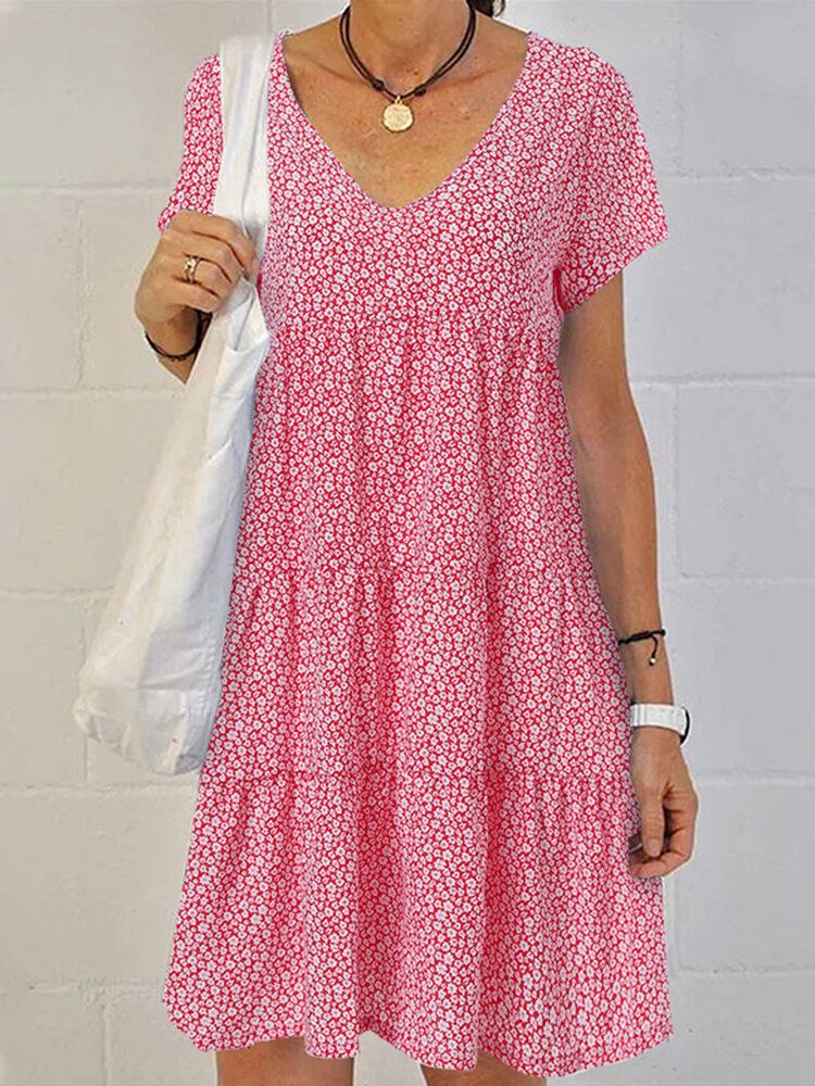 Dames Retro V-hals Bloemen Vakantie Korte Mouwen Gelaagde Casual Midi Jurk