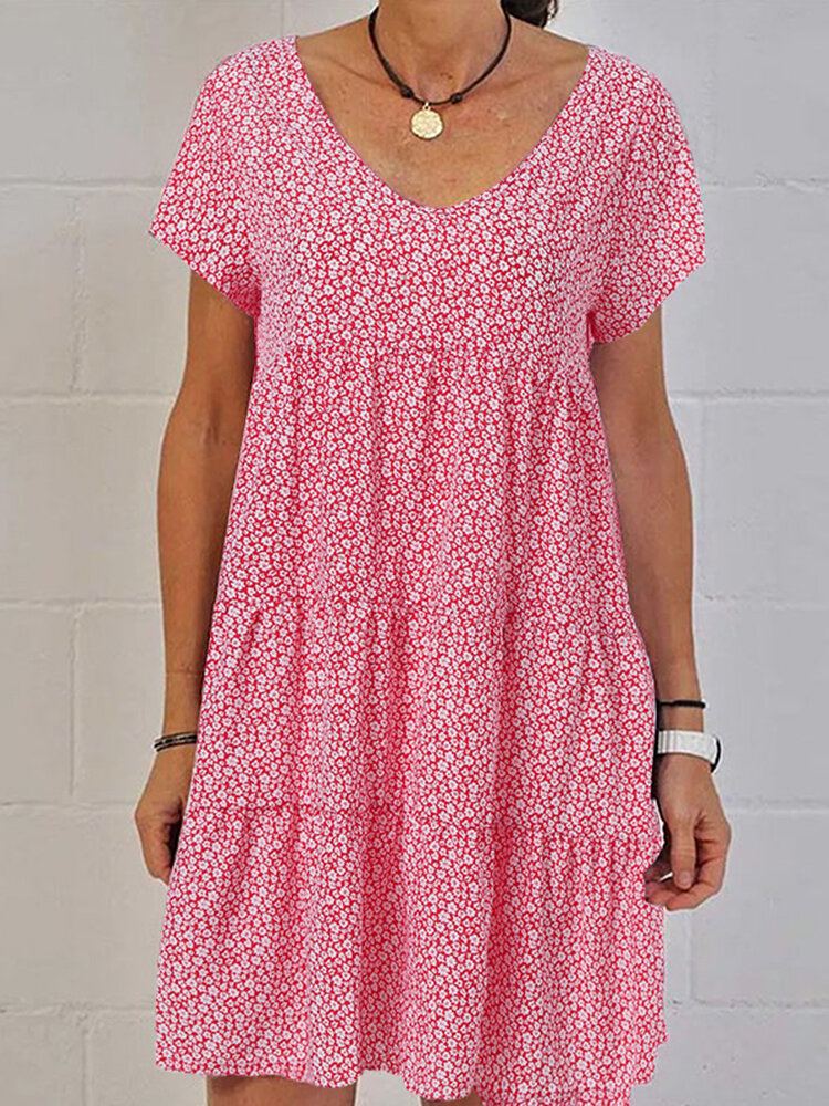Dames Retro V-hals Bloemen Vakantie Korte Mouwen Gelaagde Casual Midi Jurk