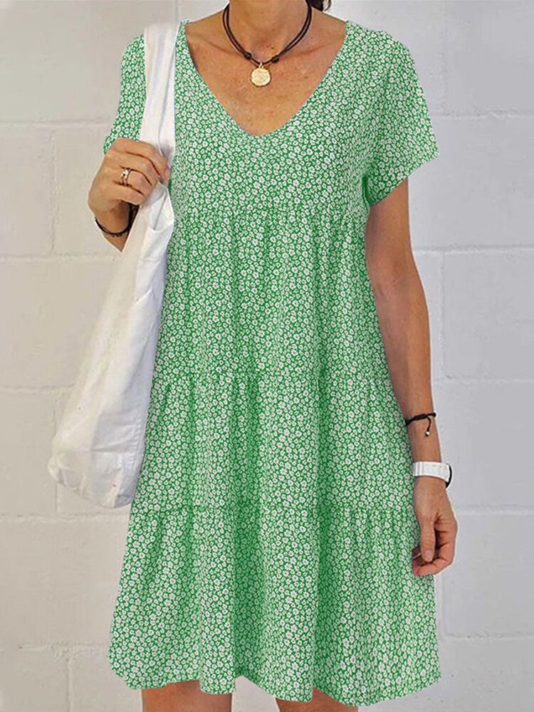 Dames Retro V-hals Bloemen Vakantie Korte Mouwen Gelaagde Casual Midi Jurk