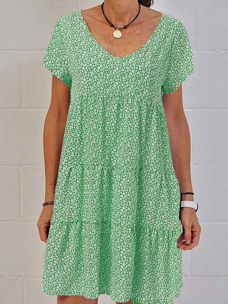 Dames Retro V-hals Bloemen Vakantie Korte Mouwen Gelaagde Casual Midi Jurk
