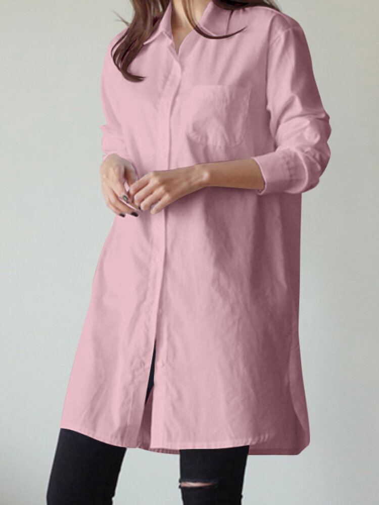 Damesshirt Effen Kleur Manchetknopen Casual Midi-jurken Met Lange Mouwen