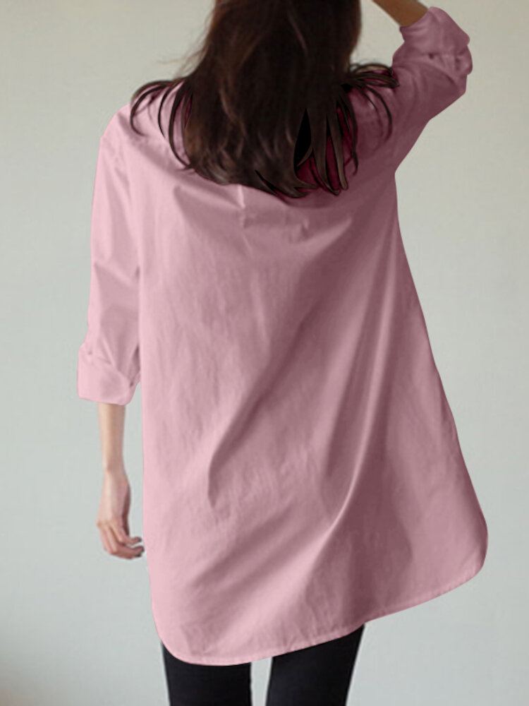 Damesshirt Effen Kleur Manchetknopen Casual Midi-jurken Met Lange Mouwen