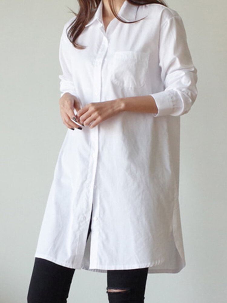 Damesshirt Effen Kleur Manchetknopen Casual Midi-jurken Met Lange Mouwen