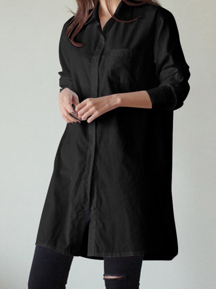 Damesshirt Effen Kleur Manchetknopen Casual Midi-jurken Met Lange Mouwen