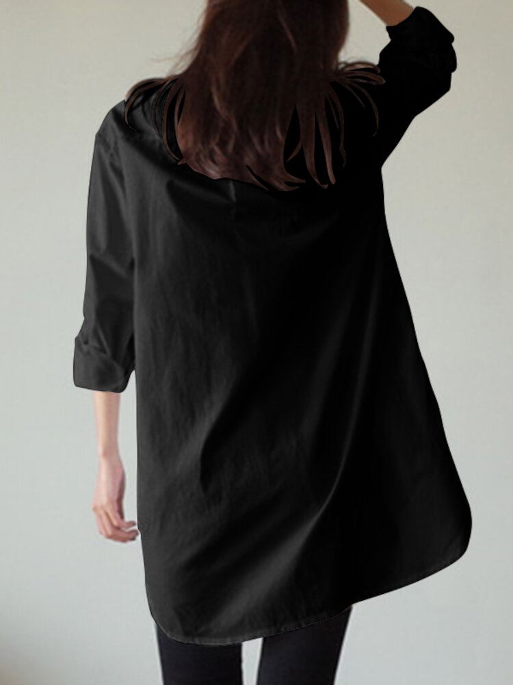 Damesshirt Effen Kleur Manchetknopen Casual Midi-jurken Met Lange Mouwen