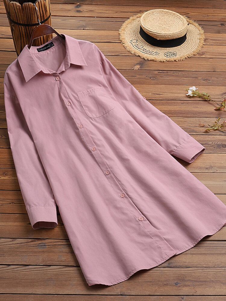 Damesshirt Effen Kleur Manchetknopen Casual Midi-jurken Met Lange Mouwen