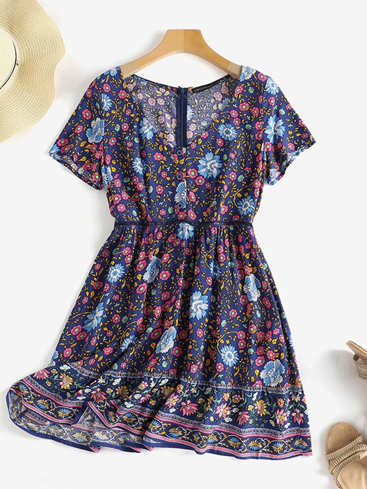 Jurk Met Etnische Print En Patchwork Met V-hals En Ritsknopen