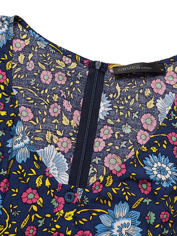 Jurk Met Etnische Print En Patchwork Met V-hals En Ritsknopen