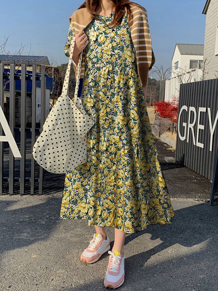 Losse Jurk Met Halflange Mouwen En Ronde Hals Met Bloemenprint