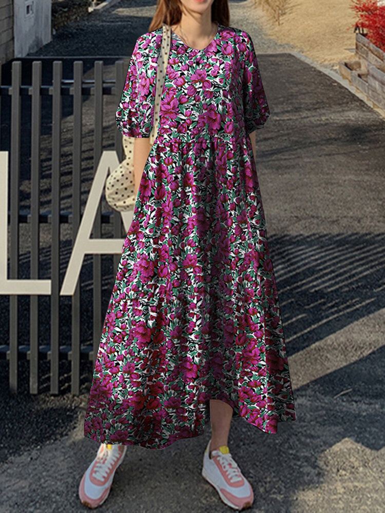 Losse Jurk Met Halflange Mouwen En Ronde Hals Met Bloemenprint