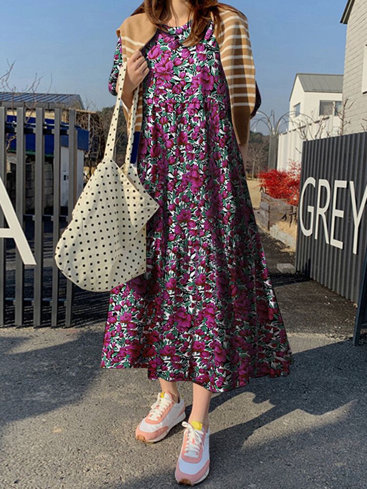 Losse Jurk Met Halflange Mouwen En Ronde Hals Met Bloemenprint