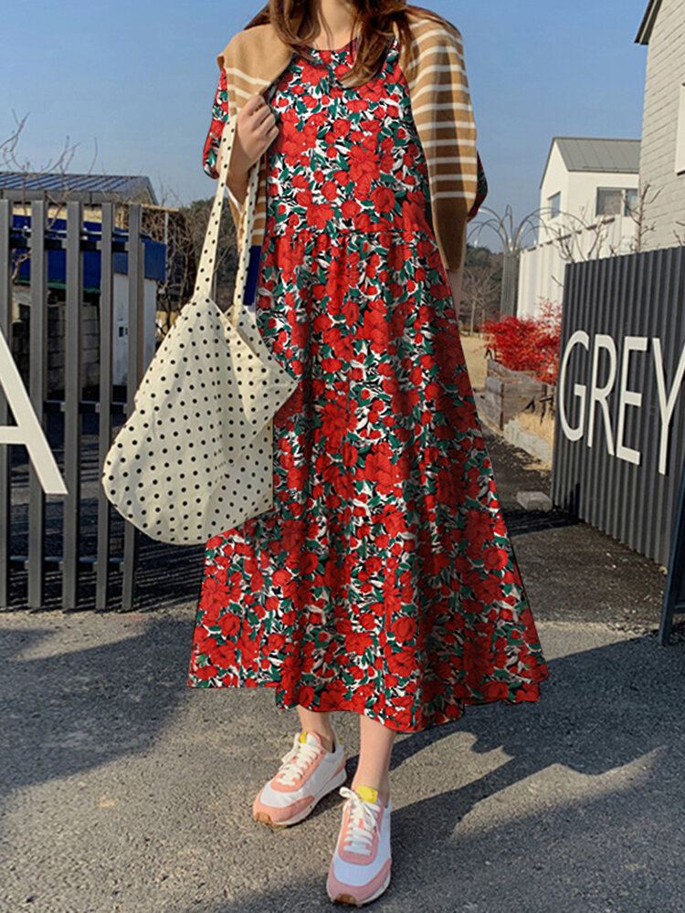 Losse Jurk Met Halflange Mouwen En Ronde Hals Met Bloemenprint