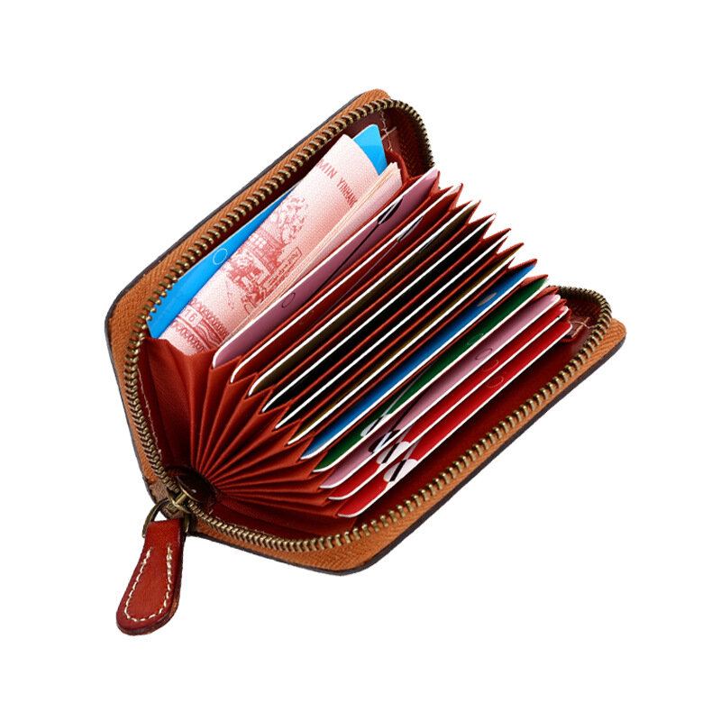 Mannen Lederen Vintage Rits Voorzijde Veer Embossing Portemonnee Meerdere Kaartsleuven Kleine Kaarthouder