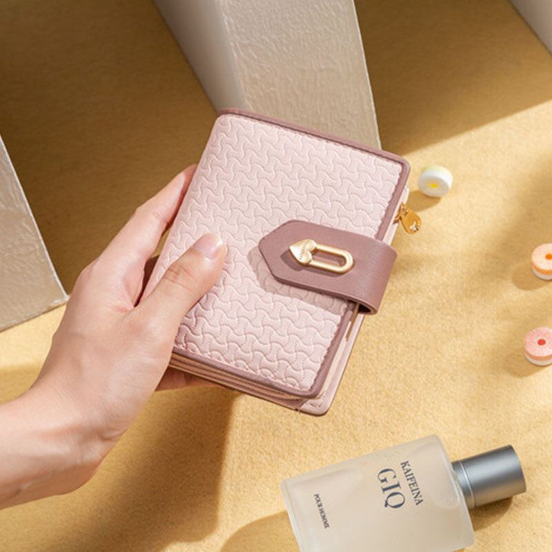 Vrouwen Wave Textuur Pu Lederen Rits Hasp Bifold Portemonnee Multi-kaartsleuven Kaarthouder Korte Portemonnee