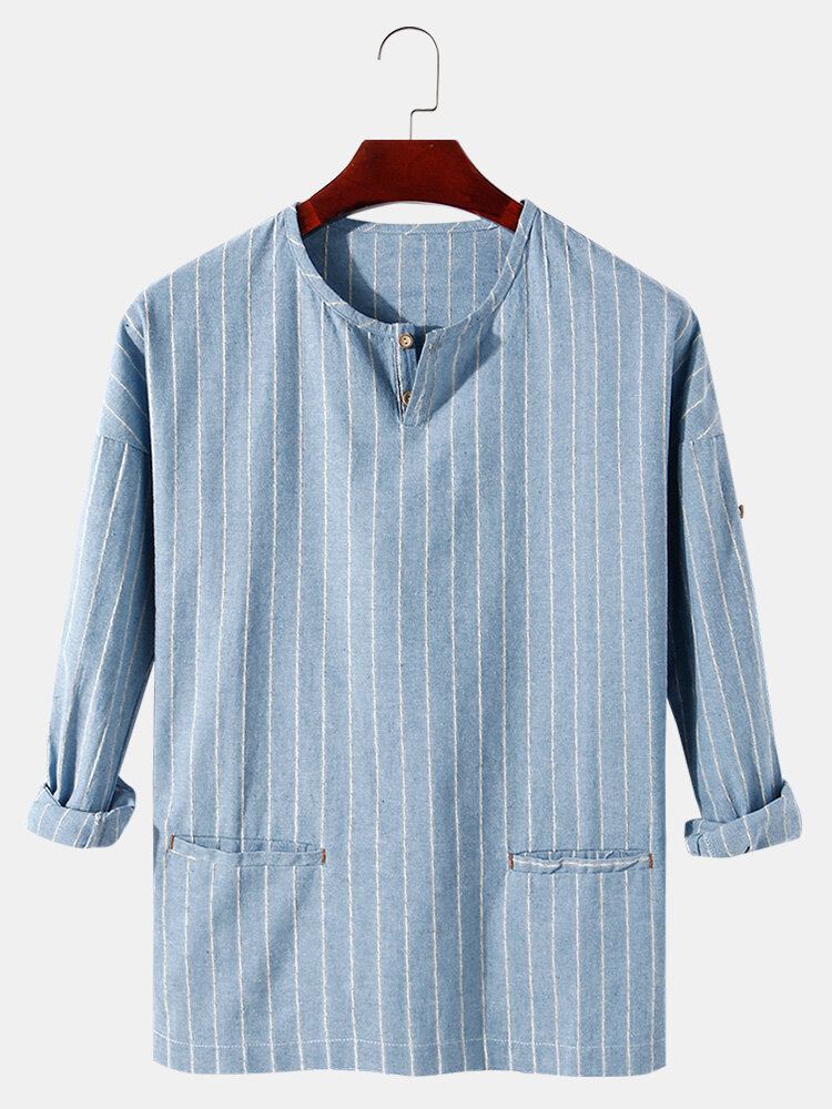 Heren Streep Half Open Kraag Dubbele Zak Casual Henley Shirts