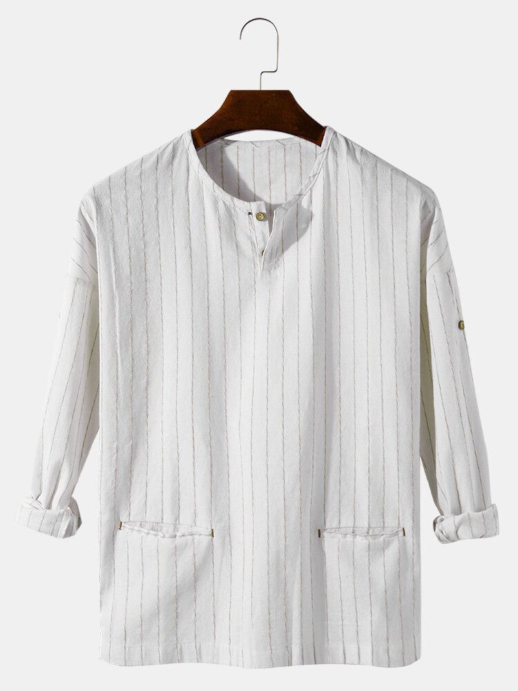 Heren Streep Half Open Kraag Dubbele Zak Casual Henley Shirts